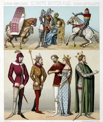Fantasias da Idade Média em França. Ilustração em "Le costume historique" de Racinet