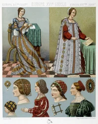 Moda e cabeleireiro na Europa no século XVI - em "O traje histórico" de Racinet, final do século XIX