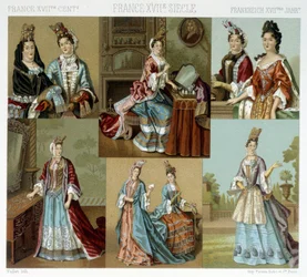 Moda e cabeleireiro em França no século XVIII - em "Le costume historique" de Racinet, final do século XIX