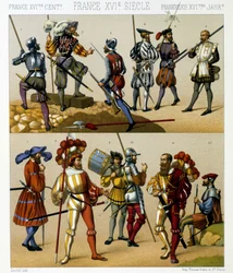 Os trajes militares franceses do século XVI. Placa cromolitográfica - em "Le costume historique" de Racinet