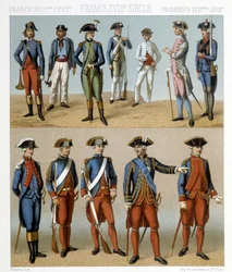 Roupas militares francesas no século XVIII. Ilustração em "Le costume historique" de Racinet