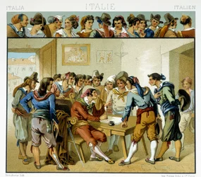 Grupo de italianos em torno de um escritor representado nos populares trajes romanos do século XIX. Placa cromolitográfica - em "Le costume historique" de Racinet