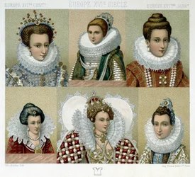 Cabeleireiro na França no século XVI (e retrato de Marie de Medici) - em "Le costume historique" de Racinet, final do século XIX
