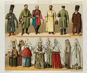 Traje histórico do povo russo, Ilustração de The Complete Costume History de Racinet Auguste