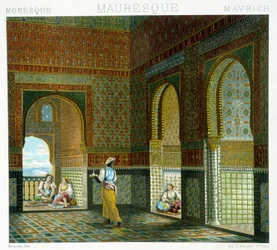 Interior de uma casa mourisca (Alhambra, sala da Bênção). Prancha cromolitográfica - em «Le costume historique» de Racinet