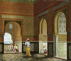 Interior de uma casa mourisca (Alhambra, Sala da Bênção). Prancha cromolitográfica - em «Le costume historique», de Racinet