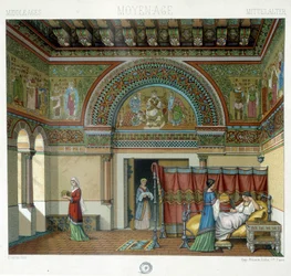 Interior de uma habitação monumental na Idade Média - em "O traje histórico" de Racinet
