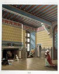 Interior de uma habitação monumental na Idade Média - em "O traje histórico" de Racinet