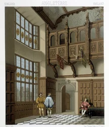 Interior de uma casa senhorial na Inglaterra no século XVIII. Ilustração em "Le costume historique" de Racinet