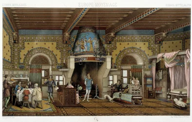 Interior de uma mansão monumental na Idade Média - em "O traje histórico" de Racinet