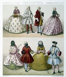 Homens e mulheres vestindo trajes da moda do século XVIII na França. Ilustração em "Le costume historique" de Racinet