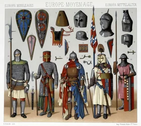Fatos e capacetes militares na França dos séculos XIII a XV. Ilustração em "Le costume historique" de Racinet