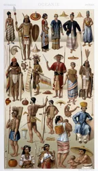 Povo da Malásia e Polinésia (Oceania). Ilustração em "Le costume historique" de Racinet