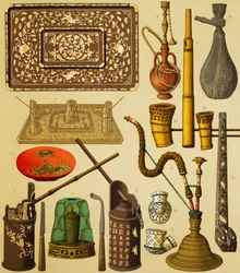 Cachimbo e objetos usados por fumantes, litografia de Schmidt de The Complete Costume History, primeiro volume, de Auguste Racinet (1825-1893), Paris