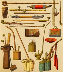 Cachimbo e objetos usados por fumantes, litografia de Schmidt de The Complete Costume History, primeiro volume, de Auguste Racinet (1825-1893), Paris
