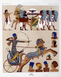 Reprodução de afrescos do antigo Egipto incluindo Ramsés II no seu tanque - em "O traje histórico" de Racinet