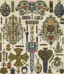 Jóias do século XVII, litografia de Schmidt publicada em Le costume historique, Volume V