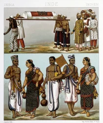 Fantasias tradicionais de muçulmanos (topo da foto) e hindus (fundo) que vivem na Índia. Ilustração em "Le costume historique" de Racinet