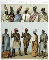 Os trajes tradicionais do Senegal. Ilustração em "Le costume historique" de Racinet
