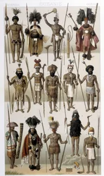 Fantasias tradicionais dos povos indígenas da Oceania. Ilustração em "Le costume historique" de Racinet