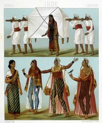 Transporte e trajes femininos tradicionais. Ilustração em "Le costume historique" de Racinet