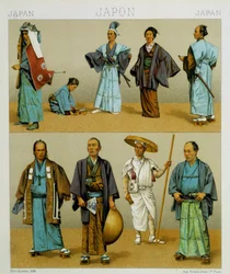 Vários trajes tradicionais japoneses para homens, incluindo quimono. Placa cromolitográfica - em "Le costume historique" de Racinet