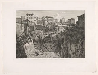Vista de Tivoli, com o Templo de Vesta ao longe Situazione del Tempio di Vesta a Tivoli dirimpetto la Cascata (título no objeto) Malay Radirte Prospekte aus Italien (título da série)