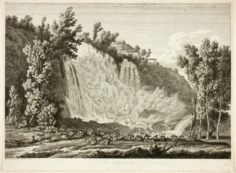Cachoeira acima de Tivoli, de perspectivas pitorescas gravadas da Itália