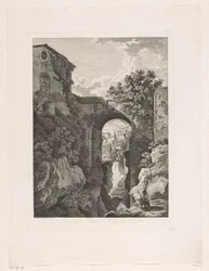 Cachoeira perto da ponte de San Rocco em Tivoli Cascata, e Ponte di St. Rocco a Tivoli (título no objeto) Brochuras gravadas pitorescas da Itália (título da série)