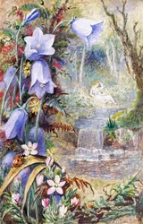 "Paisagem da Arcádia, representada como a terra da felicidade. Uma mulher está sentada junto a um riacho, uma joaninha descansa numa planta. Pintura de Albert Durer Lucas (1828-1918) 1880 Coleção particular