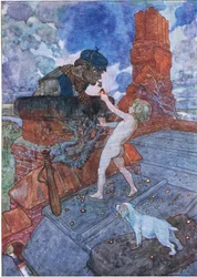 Pegou num carvão vivo e colocou-o na tarte Grimes, do The Water Babies pub.by Humphrey Milford Oxford University Press, c.1930 (color litho)