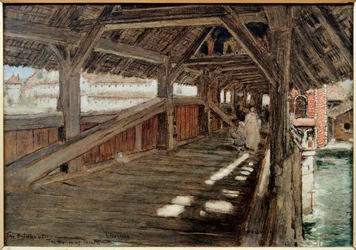 A ponte da Dança dos Mortos (Spreuerbrucke) em Lucerna. Pintura de Albert Goodwin (1845-1932). Óleo sobre tela. Coleção particular.