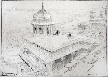 A Torre de Jasmim, o Forte de Agra e o Taj Mahal (desenho)