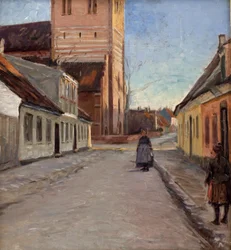 Rua em Køge com a igreja Nicolai à esquerda