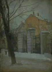 O portão do cemitério de assistência em Copenhague. Inverno