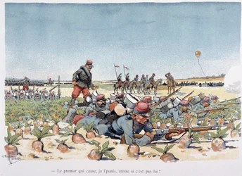 Sob o fogo do inimigo - em "Álbum Militar" de Albert Guillaume (1873-1942), por volta de 1900