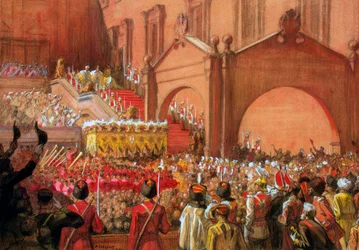O imperador Nicolau II na Escadaria Vermelha após a sua coroação, 1896.