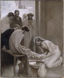 Le Christ lavant les pieds de ses disciples - Cristo lavando os Pés dos Discípulos, de Edelfelt, Albert Gustaf Aristides (1854-1905). Grisaille