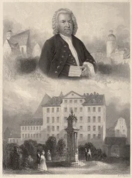 Retrato de Johann Sebastian Bach, Monumento de Bach e St. Thomas Church and School em Leipzig, c. 1860