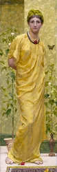 Rapsódia em amarelo com borboleta. Jovem mulher drapeada de amarelo. Pintura de Albert Joseph Moore (1841-1893), pré-rafaelita. Coleção privada