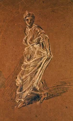 Estudo de uma rapariga a dar um passo em frente e a usar um vestido comprido, c.1870 (giz preto e branco sobre papel castanho)
