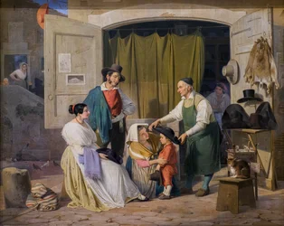 Camponeses romanos que compram um chapéu para o seu filho mais novo, que vai ser abade