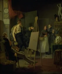 Uma garota vendendo frutas no estúdio de um artista