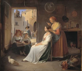 Uma jovem italiana sendo adornada por sua mãe