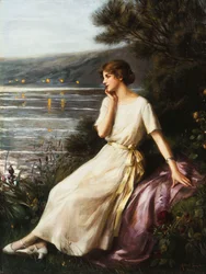 Retrato de uma mulher perto de um lago,