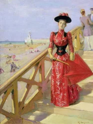 Mulher, caminhando baixo, passos, ligado, um, praia