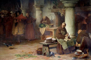 São Boaventura (São Boaventura) (1217-1274) recebendo o cardeal púrpura Um alto funcionário do Vaticano leva o bar do cardeal ao monge que ocupa as atividades de menageria na abadia. Pintura de Albert Pierre Dawant (1852-1923) 1897 Sol. 1,4x