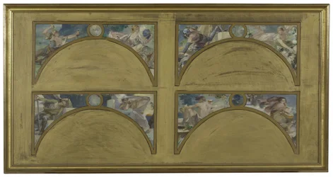 Esboço para o Salon des Lettres na Câmara Municipal de Paris: as grandes obras literárias (La Chanson de Roland, Le Misanthrope, Eviradnus, Mimi Pinson, Le Cid, Phèdre, Pantagruel, La Cigale), cerca de 1890 (óleo sobre tinta preta sobre tela)