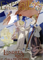 Duas mulheres, símbolo da França e da Inglaterra, apertam as mãos. Cartaz de Albert Maignan (1908) para a exposição franco-britânica de 1908 em Londres.