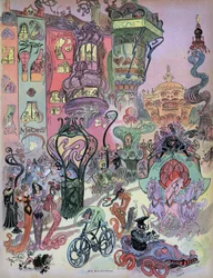 Vista antecipada do estilo moderno parisiense do desenhador Albert Robida. Neste belo desenho, vemos a influência de Robida sobre os criadores de bandas desenhadas dos anos 1960-1980, nomeadamente Fred (Othon Aristides, "Aventuras de Philemon") e Forest (B